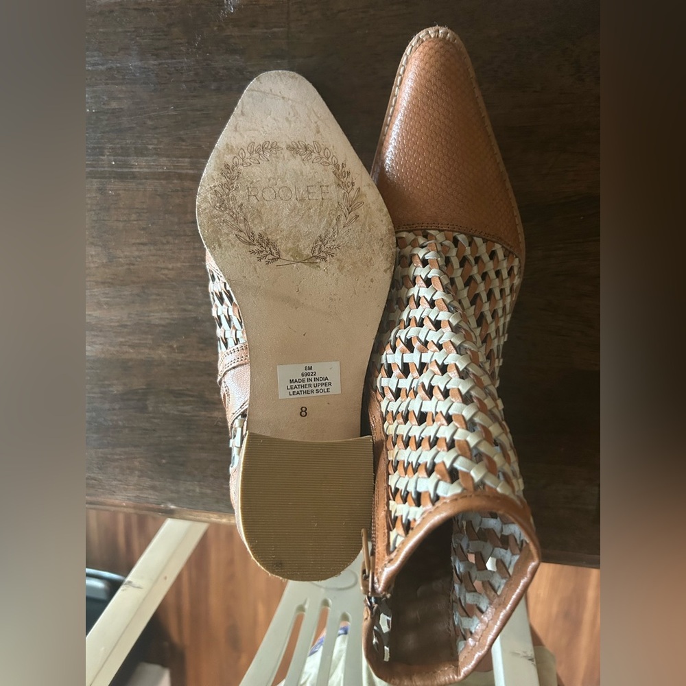 Roolee Woven Leather Pointed Toe Heeled Boots - Tan and Cream - Picture 4 of 4